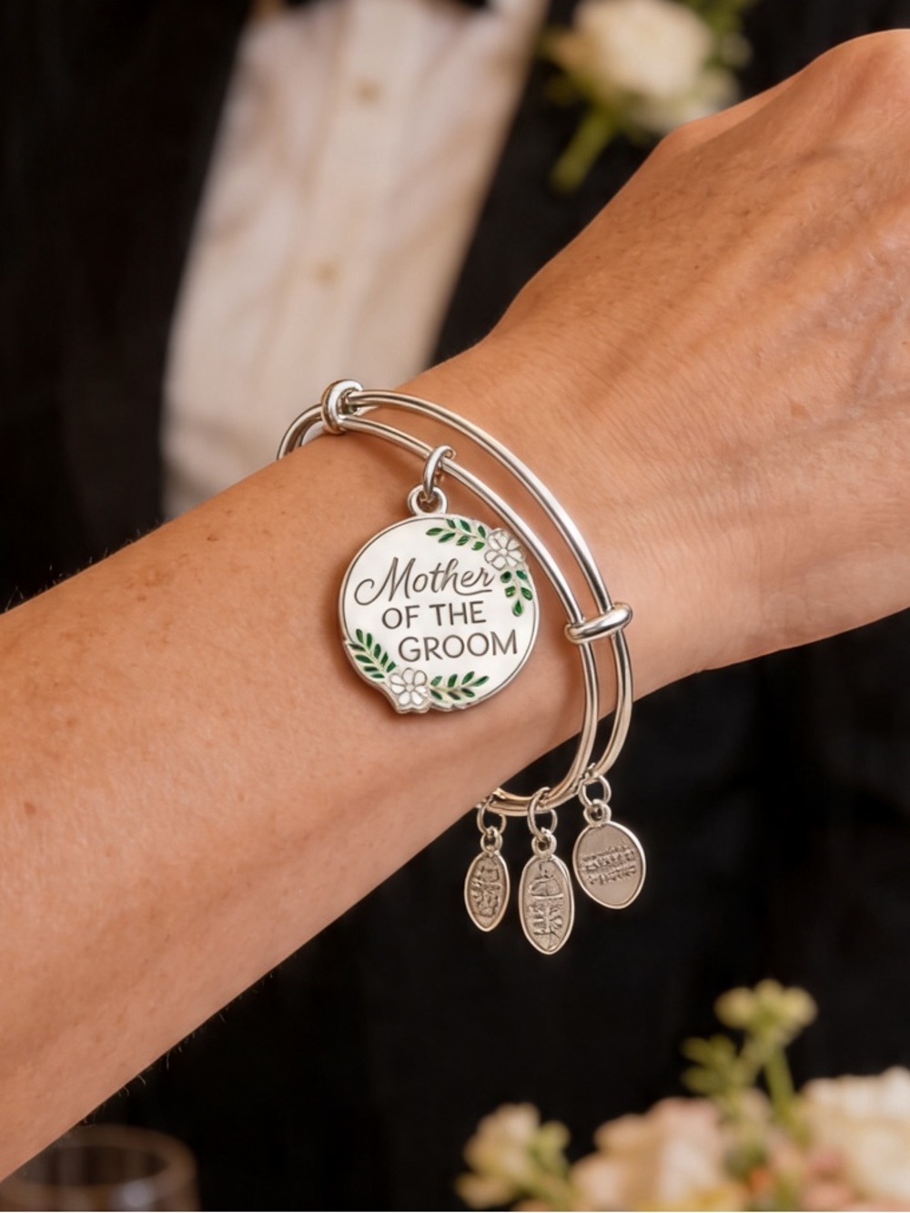 Mother of Groom Silver Tone Charm Bangle Bracelet by Alex and Ani